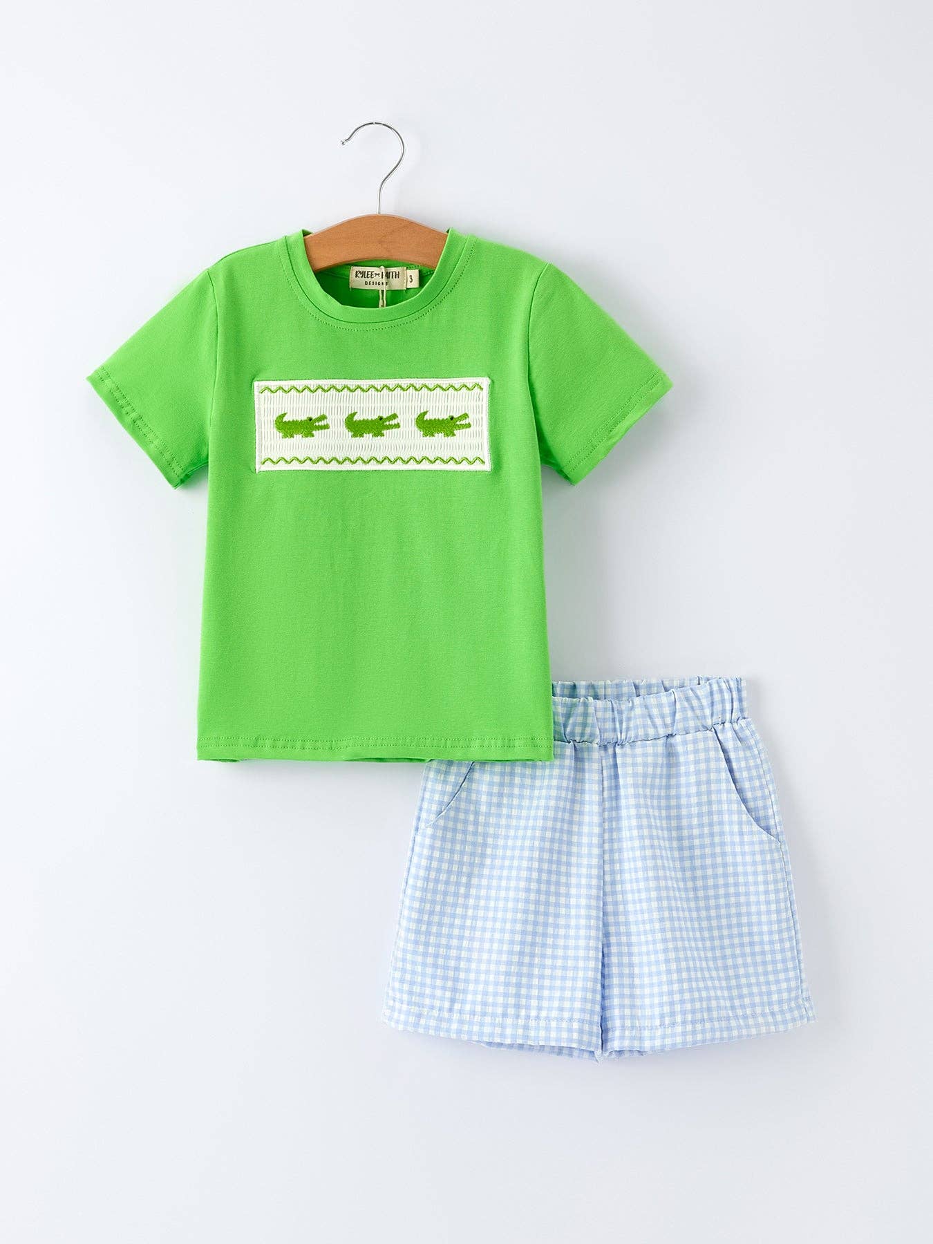 Summer Crocodile Embroidered Plaid Shorts Set